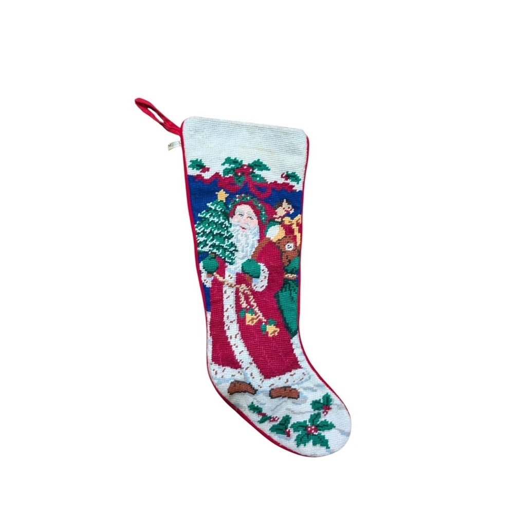 Vintage Midwest Industries Needlepoint Christmas Stocking Santa Holiday Decor